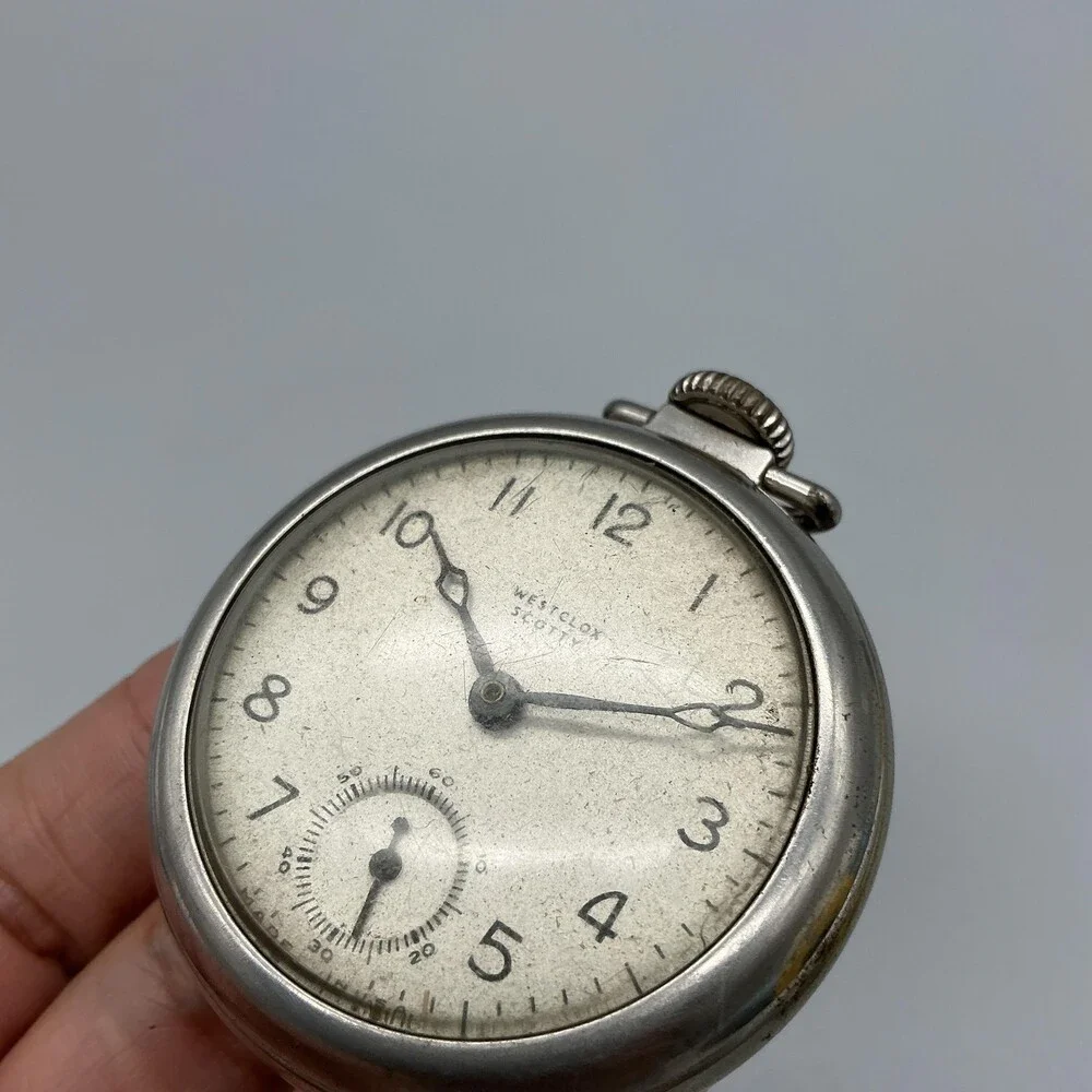 Vintage Westclox Scotty Pocket Watch Men 50mm Silver Tone White Dial Manual Wind